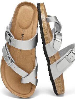Women's Cork Footbed Sandals Double Adjustable Buckle Slide Sandals Slip